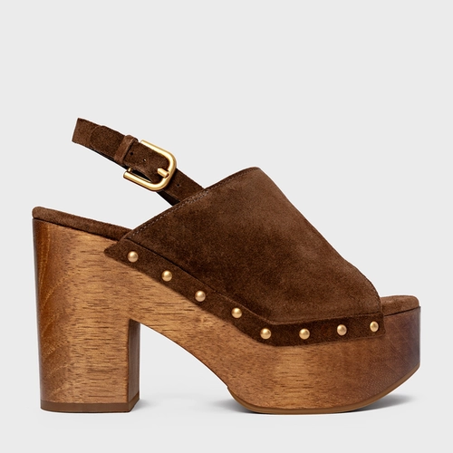 Sandália Plataforma Bold Wood Studs Couro Suede Marrom Brownie