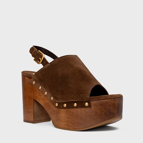 Sandália Plataforma Bold Wood Studs Couro Suede Marrom Brownie