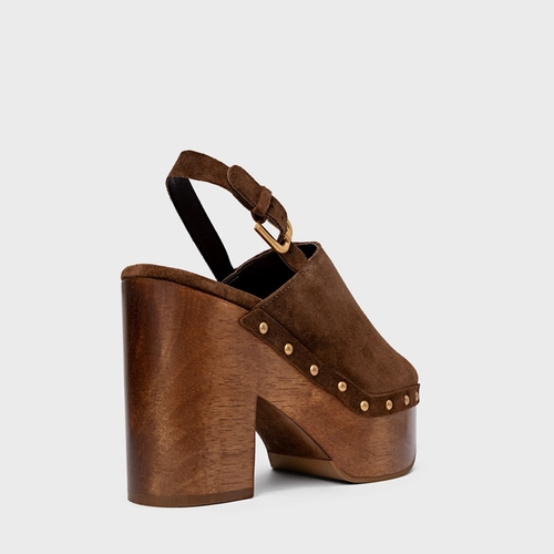 Sandália Plataforma Bold Wood Studs Couro Suede Marrom Brownie