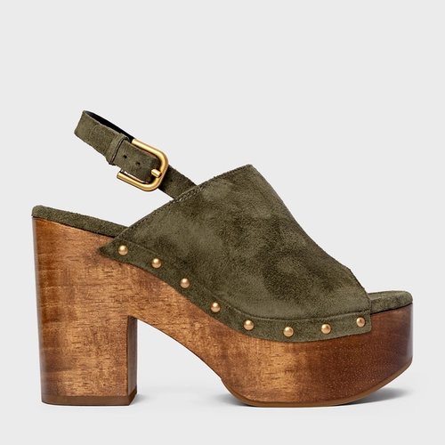 Sandália Plataforma Bold Wood Studs Couro Suede Verde Army Green