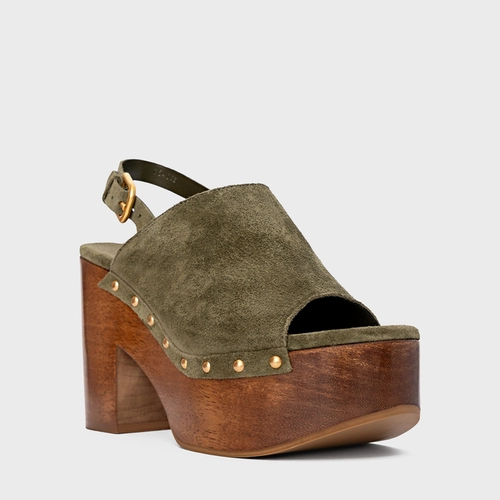 Sandália Plataforma Bold Wood Studs Couro Suede Verde Army Green