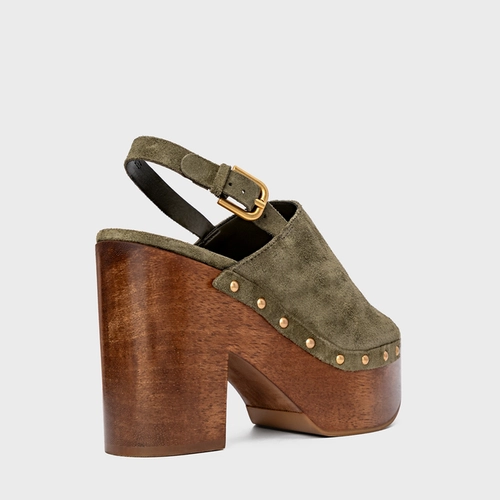 Sandália Plataforma Bold Wood Studs Couro Suede Verde Army Green