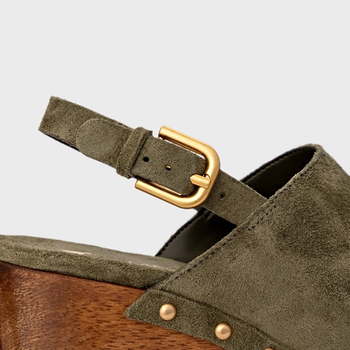 Sandália Plataforma Bold Wood Studs Couro Suede Verde Army Green