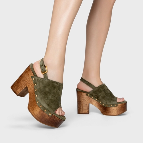 Sandália Plataforma Bold Wood Studs Couro Suede Verde Army Green