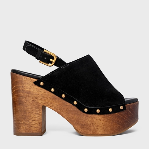 Sandália Plataforma Bold Wood Studs Couro Suede Preto