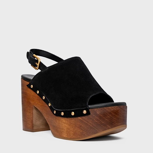 Sandália Plataforma Bold Wood Studs Couro Suede Preto