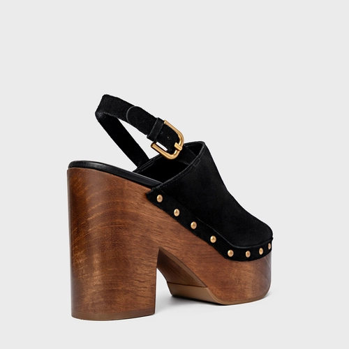 Sandália Plataforma Bold Wood Studs Couro Suede Preto