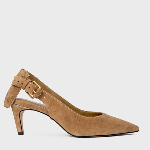 Scarpin Slingback Timeless Salto Fino Médio Couro Suede Bege Almond