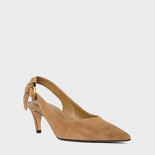 Scarpin Slingback Timeless Salto Fino Médio Couro Suede Bege Almond
