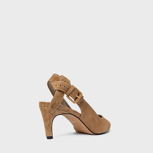 Scarpin Slingback Timeless Salto Fino Médio Couro Suede Bege Almond