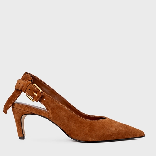 Scarpin Slingback Timeless Salto Fino Médio Couro Suede Marrom Ferrugem