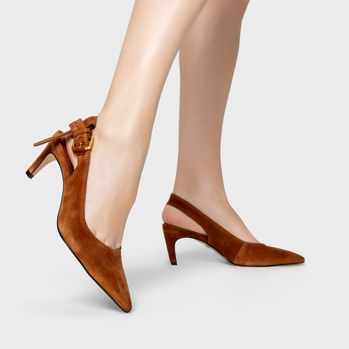 Scarpin Slingback Timeless Salto Fino Médio Couro Suede Marrom Ferrugem