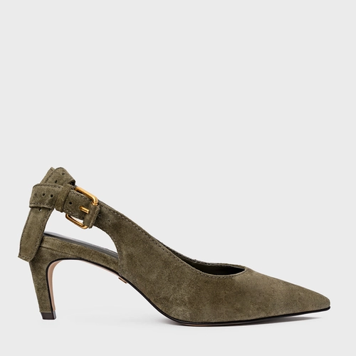 Scarpin Slingback Timeless Salto Fino Médio Couro Suede Verde Army Green