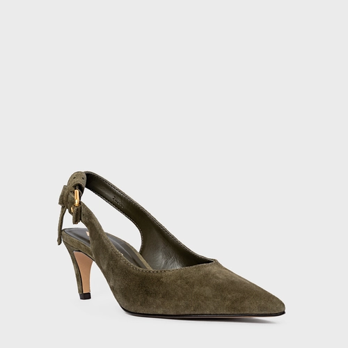 Scarpin Slingback Timeless Salto Fino Médio Couro Suede Verde Army Green
