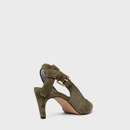 Scarpin Slingback Timeless Salto Fino Médio Couro Suede Verde Army Green