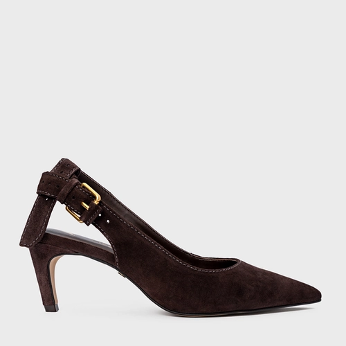 Scarpin Slingback Timeless Salto Fino Médio Couro Suede Marrom Ganache