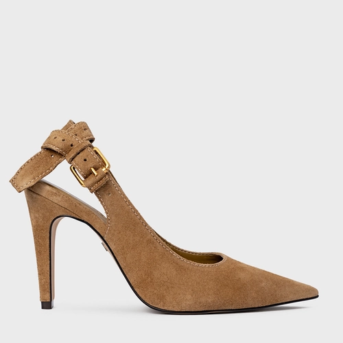 Scarpin Slingback Timeless Salto Fino Couro Suede Bege Almond