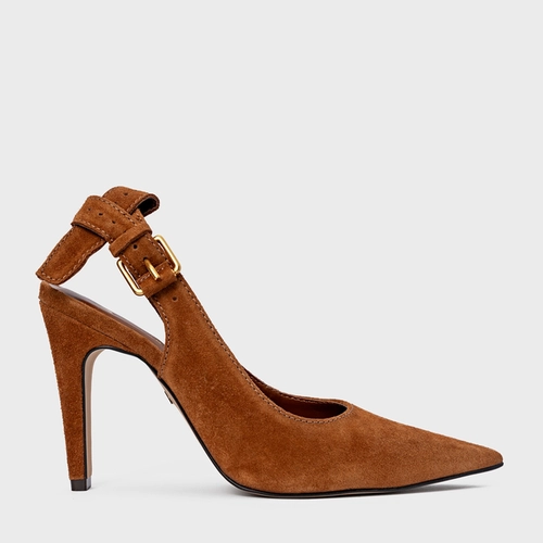Scarpin Slingback Timeless Salto Fino Couro Suede Marrom Ferrugem