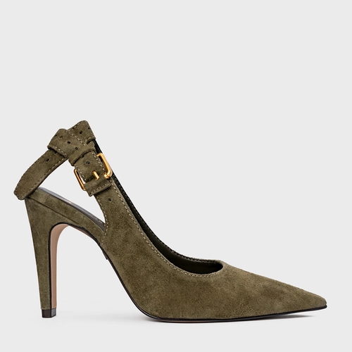 Scarpin Slingback Timeless Salto Fino Couro Suede Verde Army Green