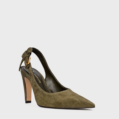 Scarpin Slingback Timeless Salto Fino Couro Suede Verde Army Green