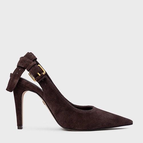 Scarpin Slingback Timeless Salto Fino Couro Suede Marrom Ganache