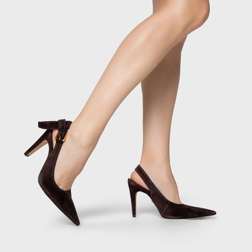 Scarpin Slingback Timeless Salto Fino Couro Suede Marrom Ganache