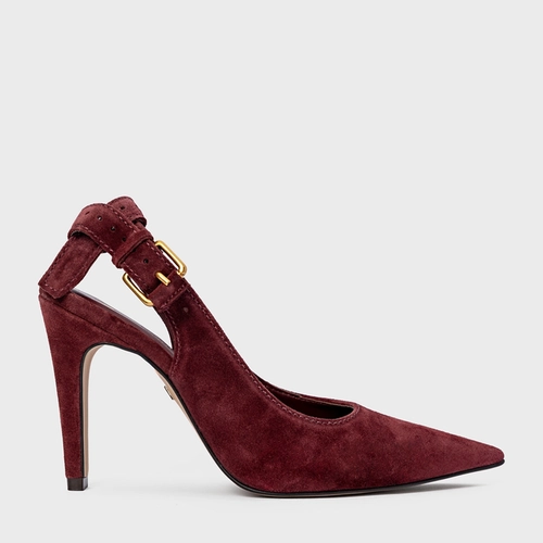 Scarpin Slingback Timeless Salto Fino Couro Suede Vinho Mahogany