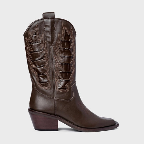 Bota Western Bordados Salto Bloco Couro Marrom Dark Brown