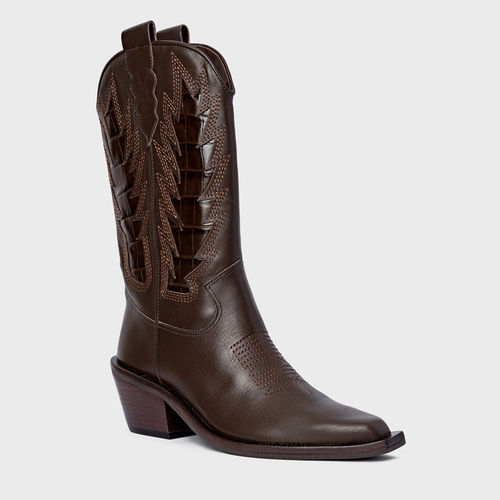 Bota Western Bordados Salto Bloco Couro Marrom Dark Brown