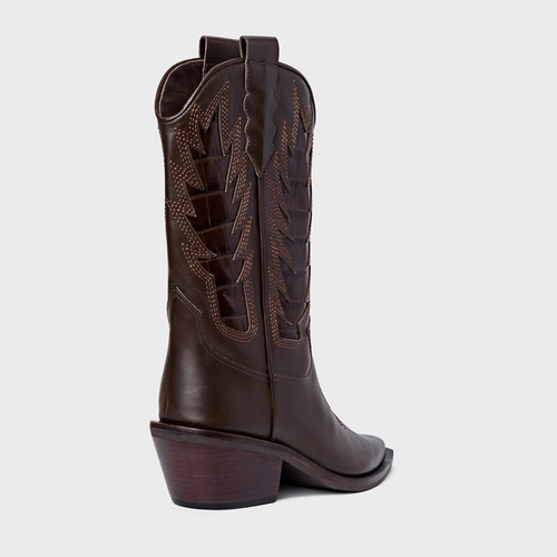 Bota Western Bordados Salto Bloco Couro Marrom Dark Brown
