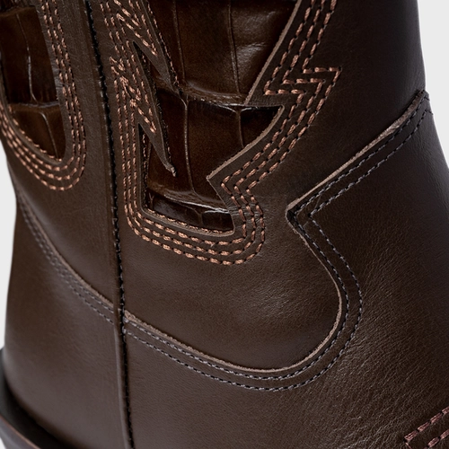 Bota Western Bordados Salto Bloco Couro Marrom Dark Brown