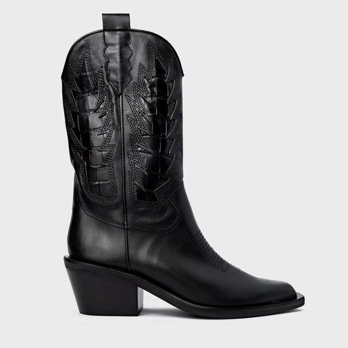 Bota Western Bordados Salto Bloco Couro Preto