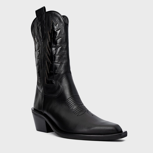 Bota Western Bordados Salto Bloco Couro Preto