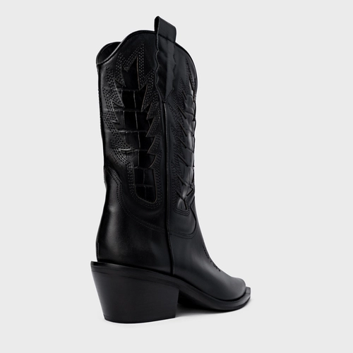 Bota Western Bordados Salto Bloco Couro Preto