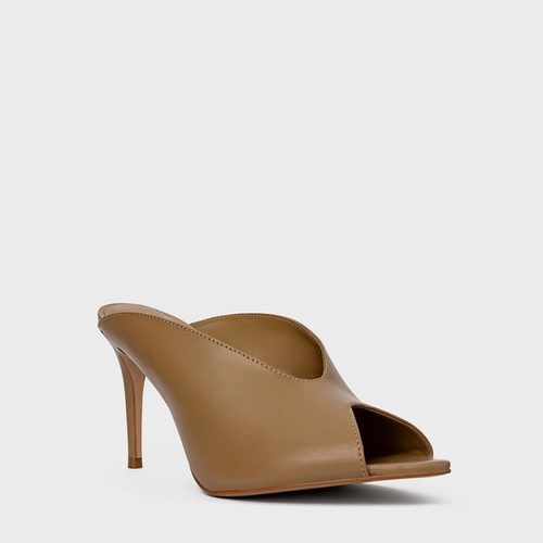 Open Mule Fancy Salto Fino Couro Bege Almond