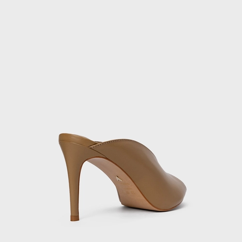 Open Mule Fancy Salto Fino Couro Bege Almond