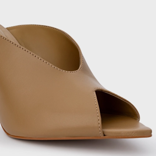 Open Mule Fancy Salto Fino Couro Bege Almond