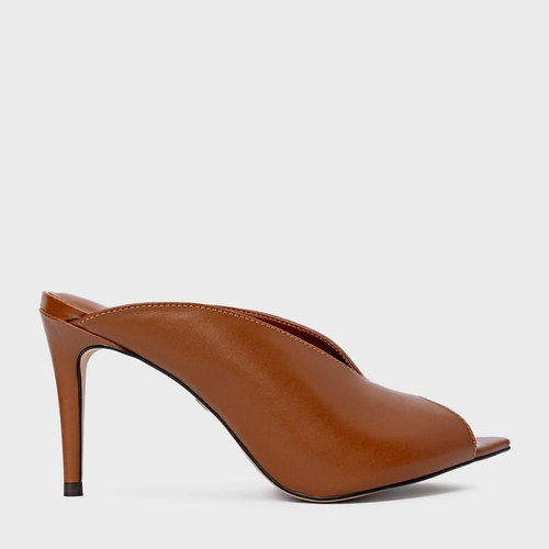 Open Mule Fancy Salto Fino Couro Marrom Ferrugem