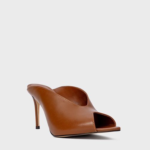 Open Mule Fancy Salto Fino Couro Marrom Ferrugem