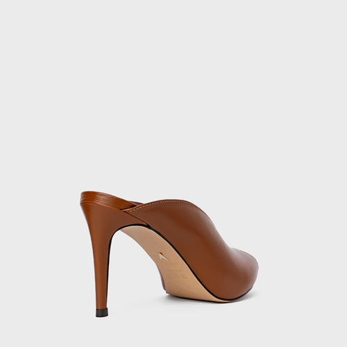 Open Mule Fancy Salto Fino Couro Marrom Ferrugem