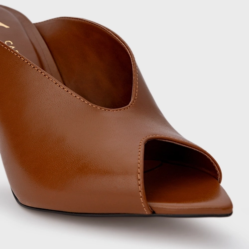 Open Mule Fancy Salto Fino Couro Marrom Ferrugem