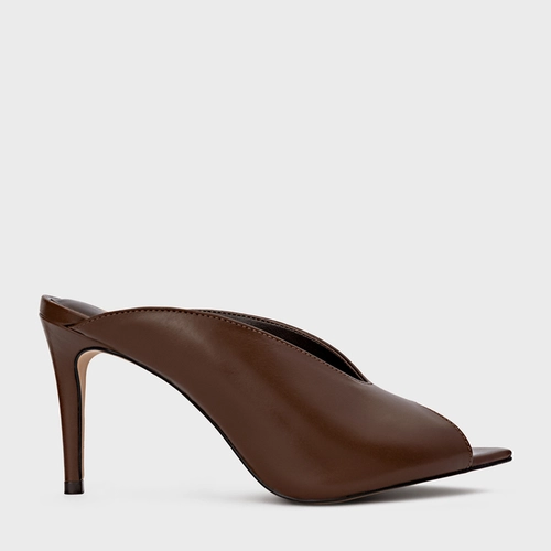 Open Mule Fancy Salto Fino Couro Marrom Dark Brown