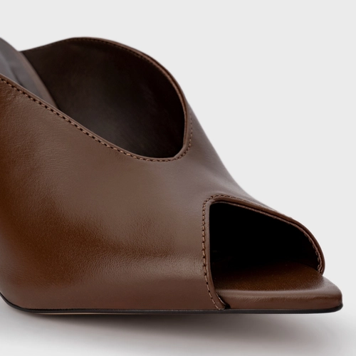 Open Mule Fancy Salto Fino Couro Marrom Dark Brown