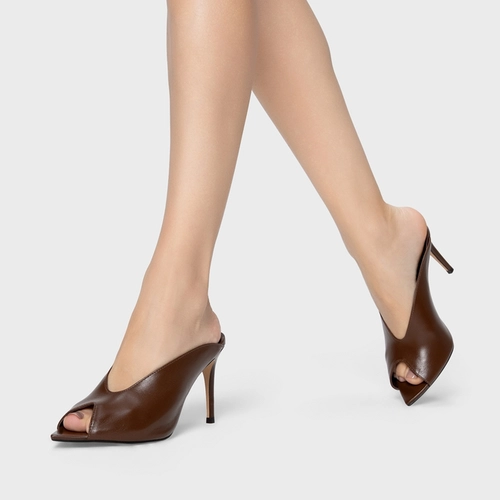 Open Mule Fancy Salto Fino Couro Marrom Dark Brown