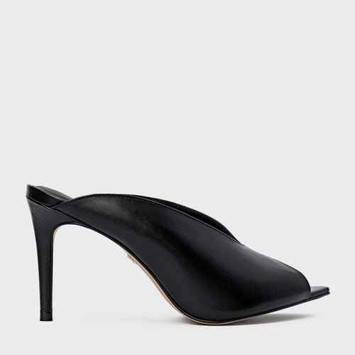 Open Mule Fancy Salto Fino Couro Preto