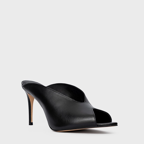 Open Mule Fancy Salto Fino Couro Preto