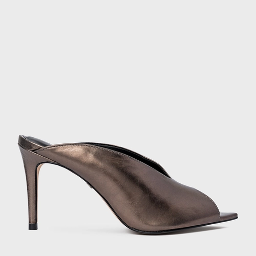 Open Mule Fancy Salto Fino Couro Metalizado Prata Old