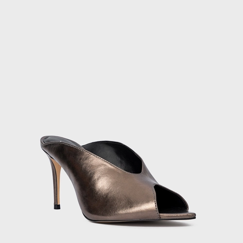 Open Mule Fancy Salto Fino Couro Metalizado Prata Old
