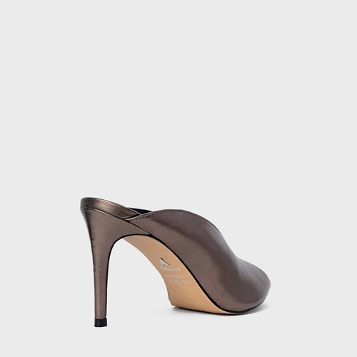 Open Mule Fancy Salto Fino Couro Metalizado Prata Old