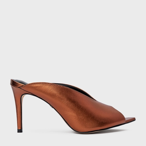 Open Mule Fancy Salto Fino Couro Metalizado Maroon